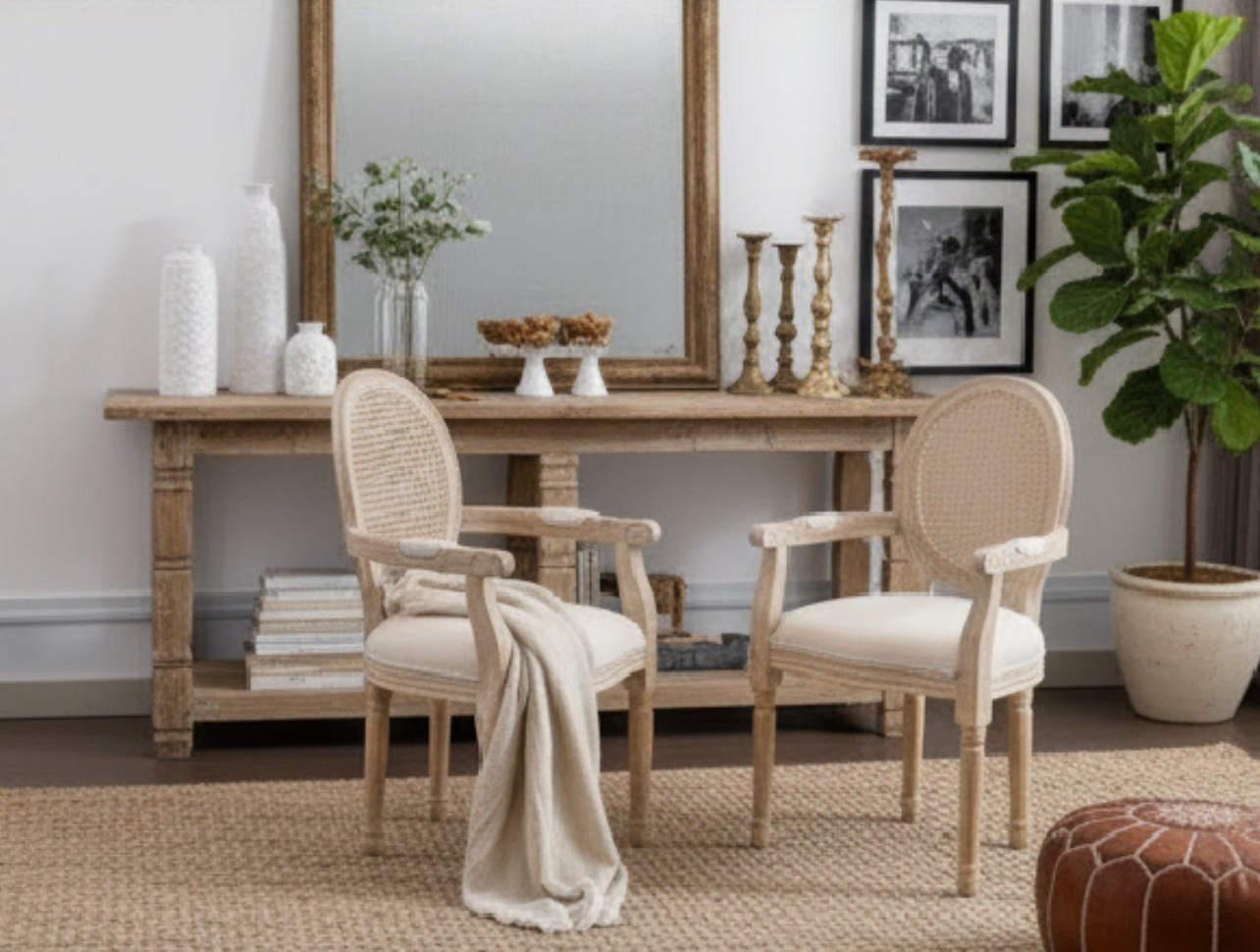 Rattan Cane Round-Back Arm Chairs — Set of Two