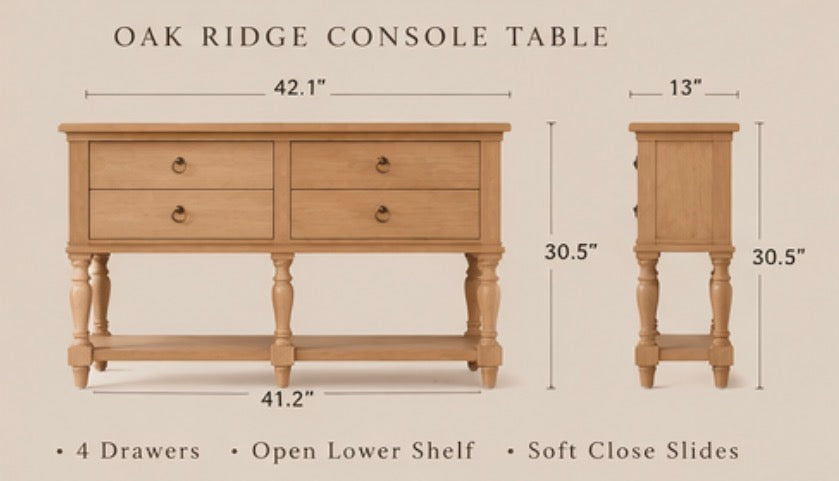 Oak Ridge Farmhouse Console Table with 4 Drawers & Open Shelf