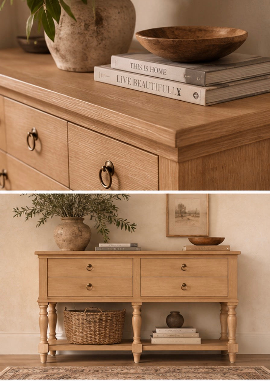 Oak Ridge Farmhouse Console Table with 4 Drawers & Open Shelf
