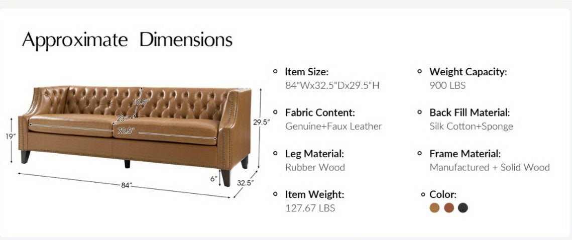 84" Genuine Leather Chesterfield Sofa – Button - Tufted 3 - Seater with Solid Wood Legs, Camel Upholstery & Mid - Century Modern Design - solid wood furniture by Chic Woods