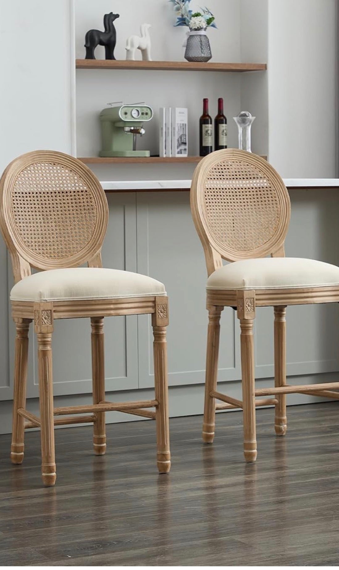 The Coletta Cane Back Counter Stools – Upholstered Solid Wood Counter Height Stools (Set of 2)