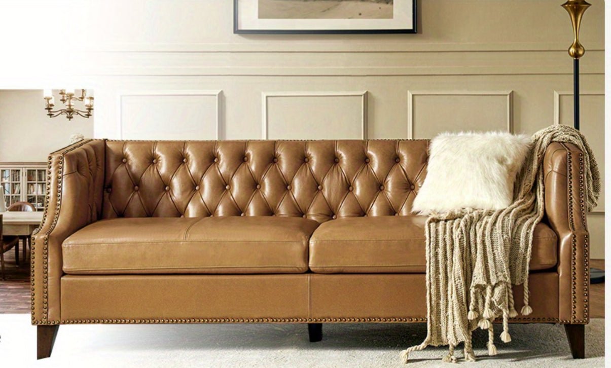 84" Genuine Leather Chesterfield Sofa – Button - Tufted 3 - Seater with Solid Wood Legs, Camel Upholstery & Mid - Century Modern Design - solid wood furniture by Chic Woods