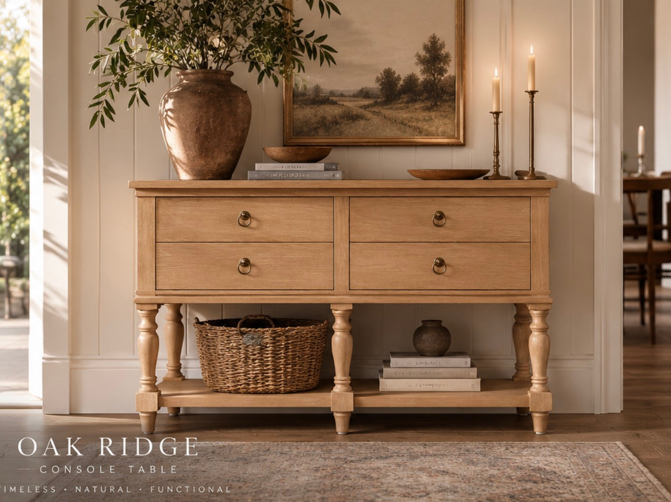 Oak Ridge Farmhouse Console Table with 4 Drawers & Open Shelf