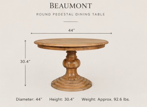 Beaumont Solid Mango Wood Round Pedestal Dining Table