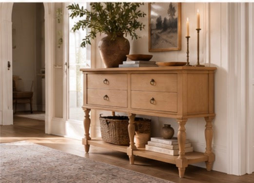 Oak Ridge Farmhouse Console Table with 4 Drawers & Open Shelf