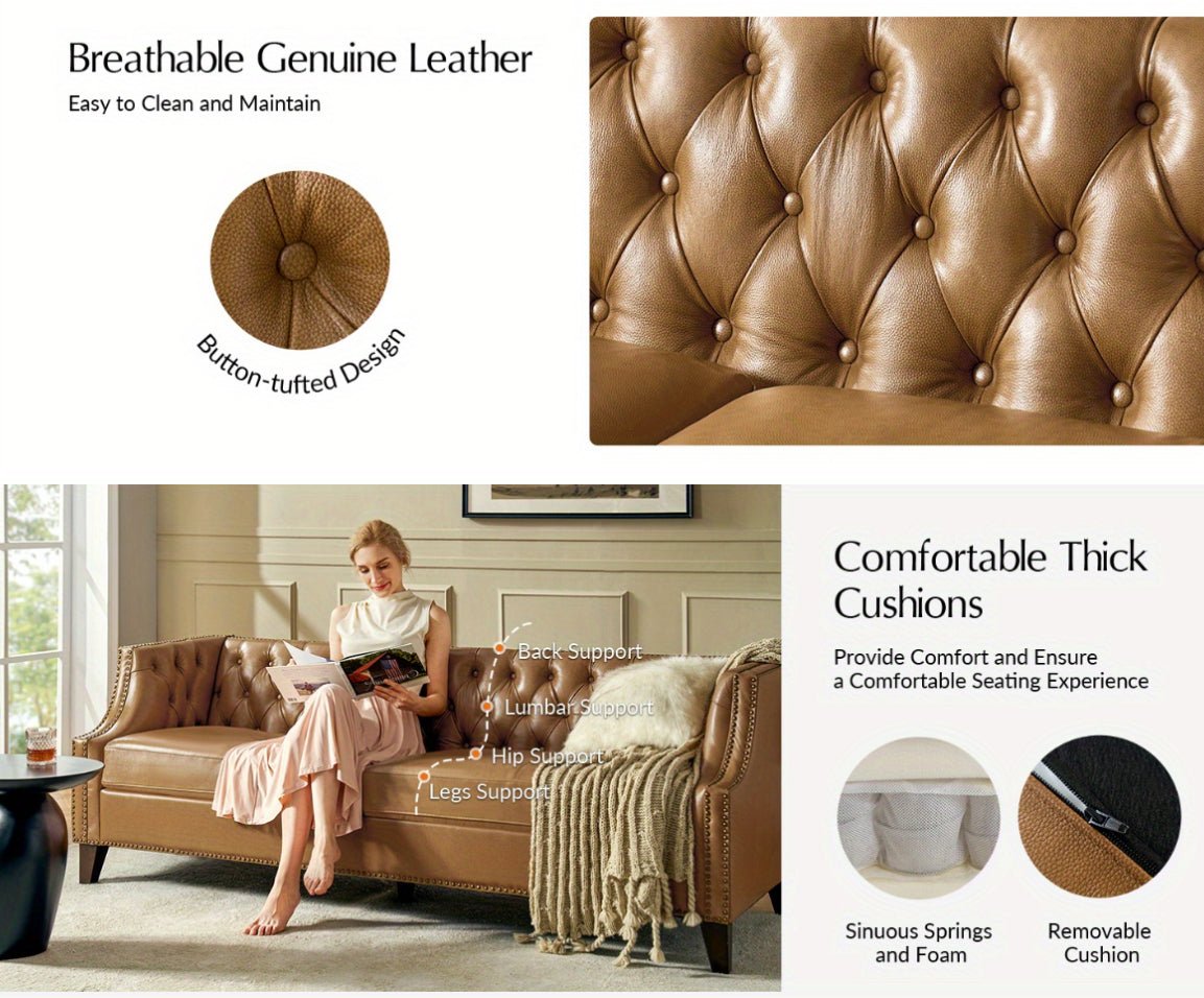 84" Genuine Leather Chesterfield Sofa – Button - Tufted 3 - Seater with Solid Wood Legs, Camel Upholstery & Mid - Century Modern Design - solid wood furniture by Chic Woods