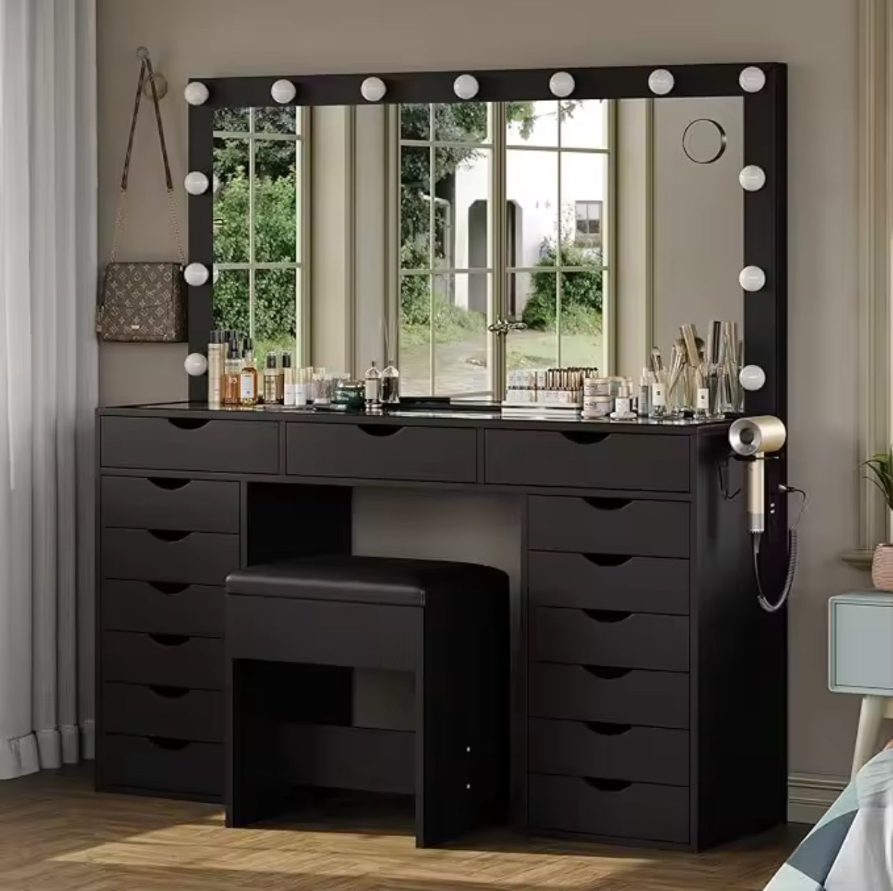 Illuminated vanity desk with stool