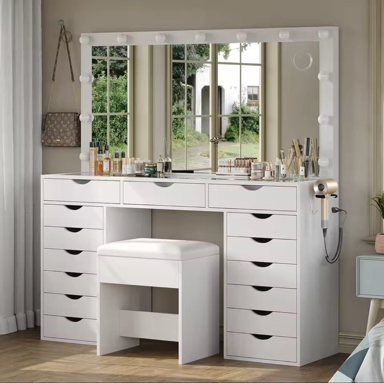 Illuminated vanity desk with stool