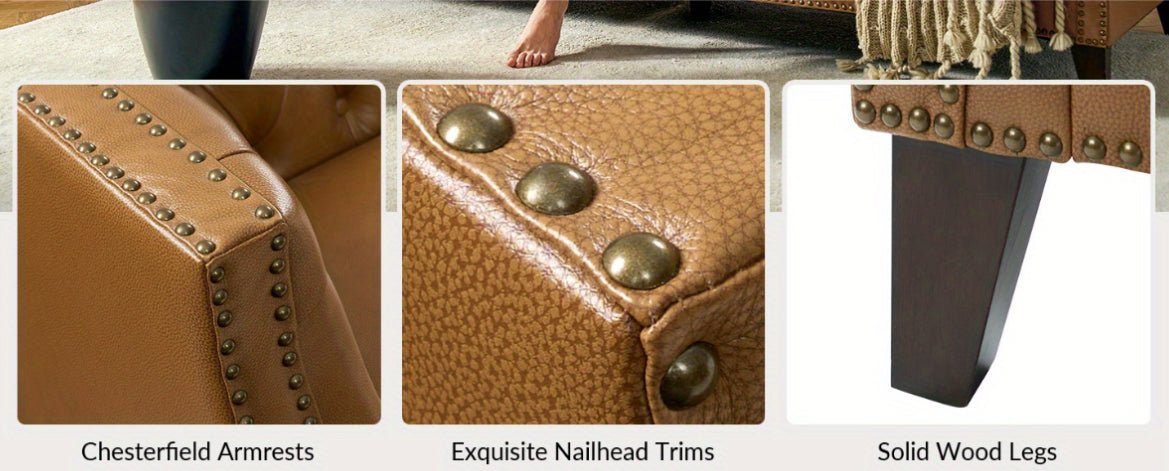 84" Genuine Leather Chesterfield Sofa – Button - Tufted 3 - Seater with Solid Wood Legs, Camel Upholstery & Mid - Century Modern Design - solid wood furniture by Chic Woods