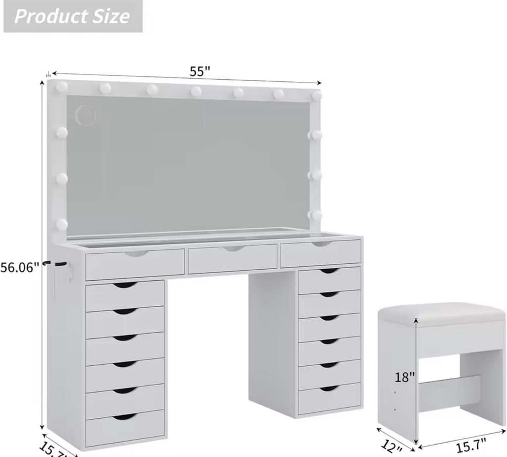 Illuminated vanity desk with stool