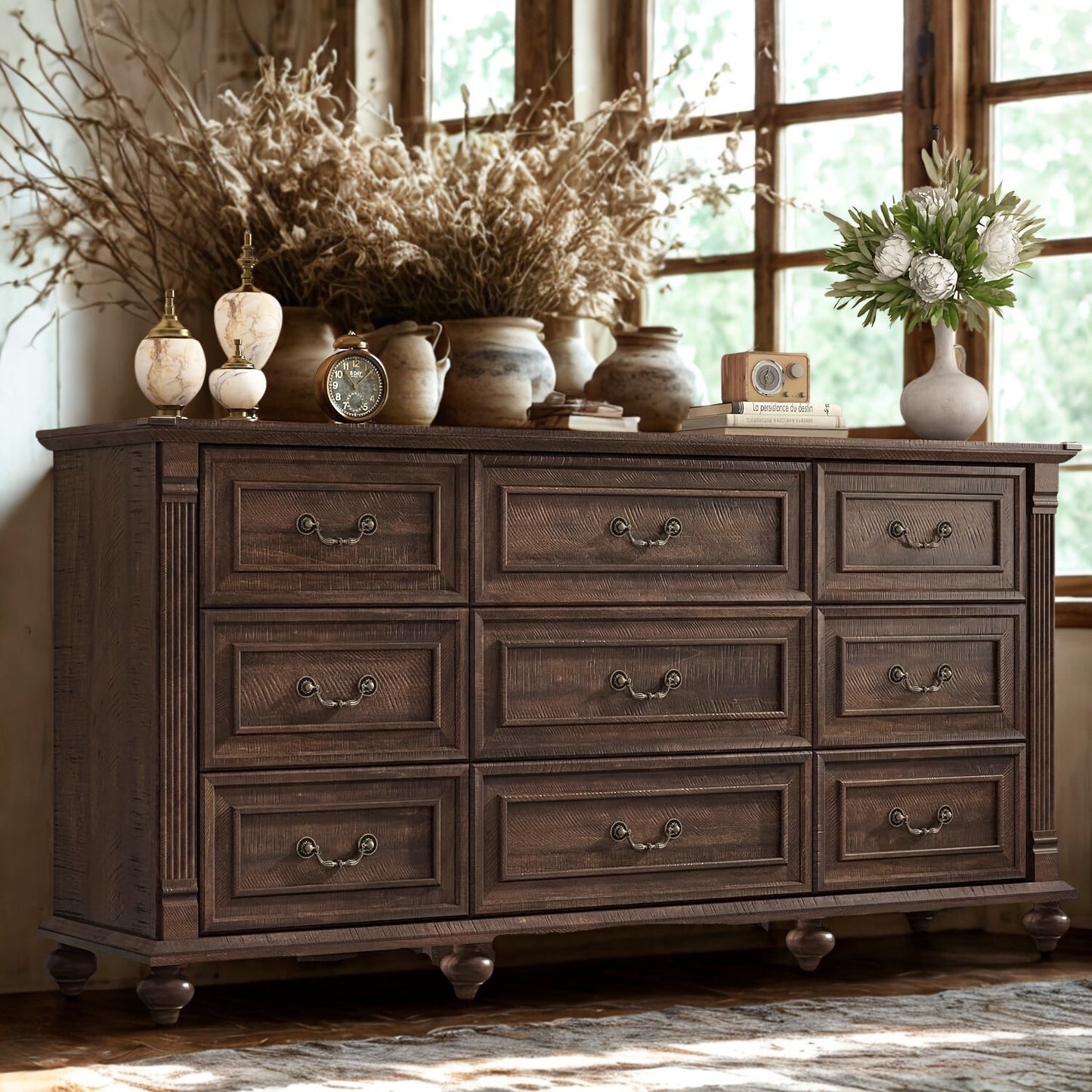 Classic Farmhouse 63″ Dresser with Nine Drawers & Architectural Detailing