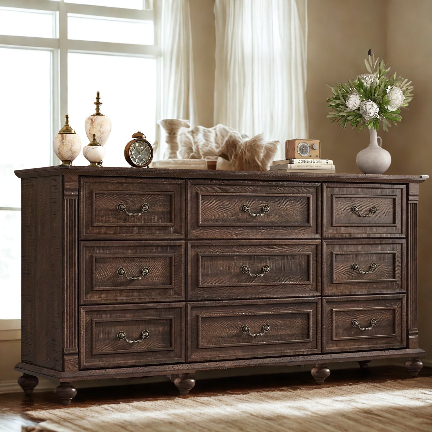 Classic Farmhouse 63″ Dresser with Nine Drawers & Architectural Detailing