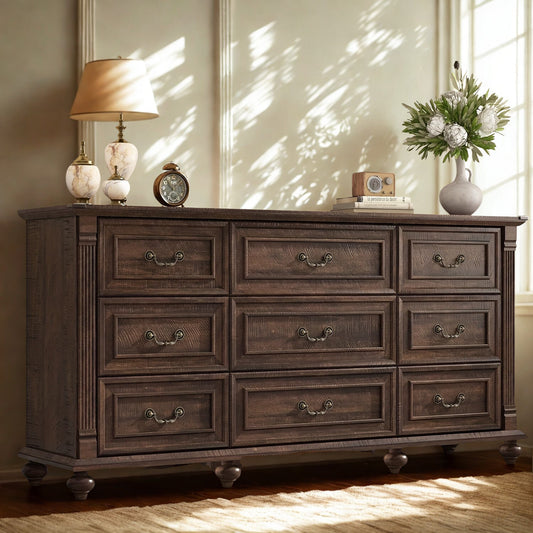 Classic Farmhouse 63″ Dresser with Nine Drawers & Architectural Detailing