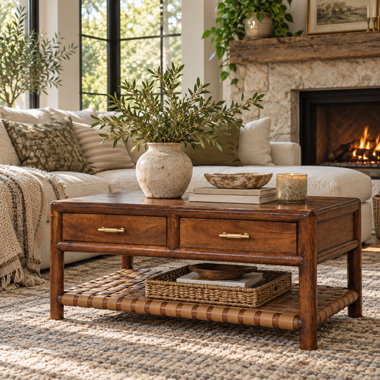 The Sylvie Woven Mango Wood Coffee Table with Four Drawers