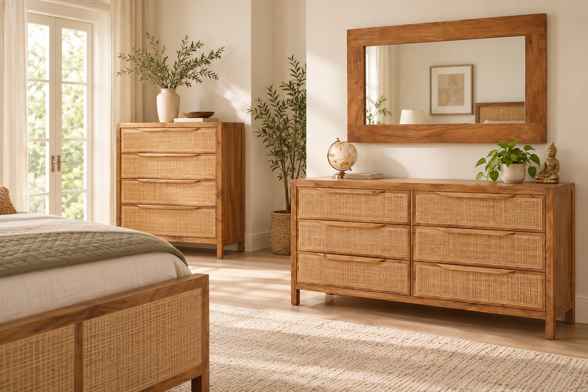 Nira Natural Mango Wood & Cane Bedroom Set