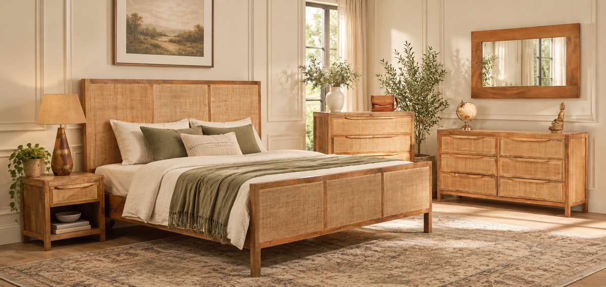 Nira Natural Mango Wood & Cane Bedroom Set