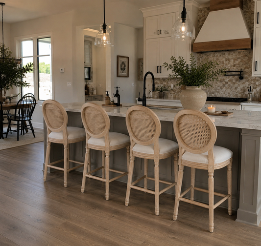 The Coletta Cane Back Counter Stools – Upholstered Solid Wood Counter Height Stools (Set of 2)