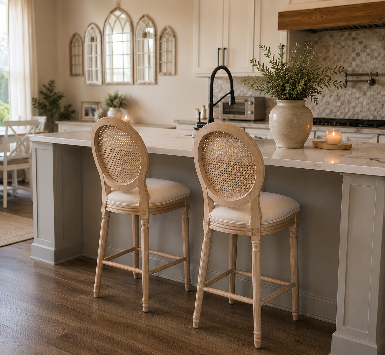 The Coletta Cane Back Counter Stools – Upholstered Solid Wood Counter Height Stools (Set of 2)