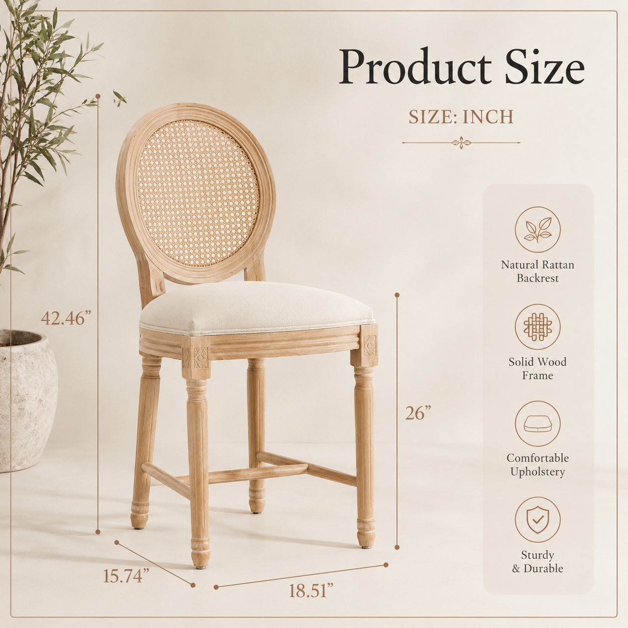 The Coletta Cane Back Counter Stools – Upholstered Solid Wood Counter Height Stools (Set of 2)