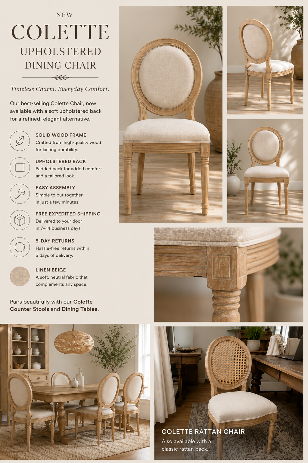 Colette Upholstered Back Dining Chair – Solid Wood | Beige Linen 

(Variants: Set of 2 • Set of 4 • Set of 6 • Set of 8 • Set of 10 • Set of 12)
