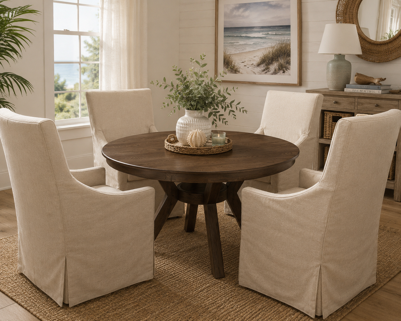 Ashford Round Solid Rubberwood Dining Table – 47” Oak Pedestal Dining Table for 4