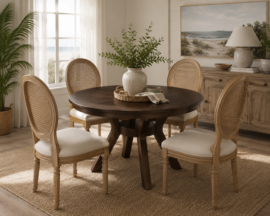 Ashford Round Solid Rubberwood Dining Table – 47” Oak Pedestal Dining Table for 4
