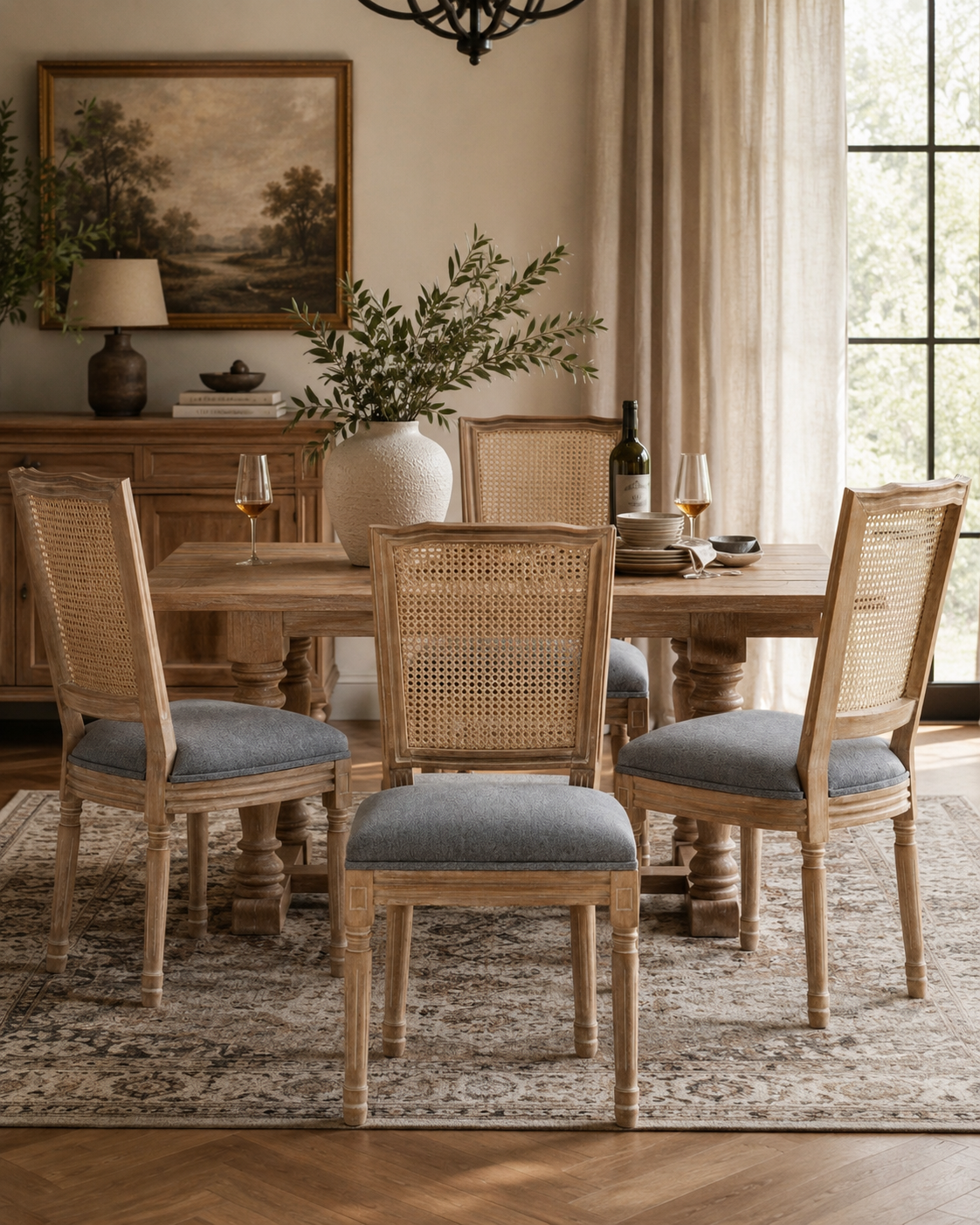 Elowen Upholstered Dining Chairs | Warm Natural Wood | Cream & Light Gray