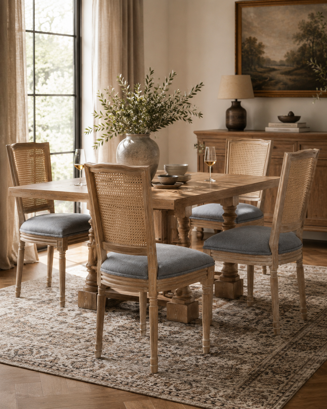 Elowen Upholstered Dining Chairs | Warm Natural Wood | Cream & Light Gray