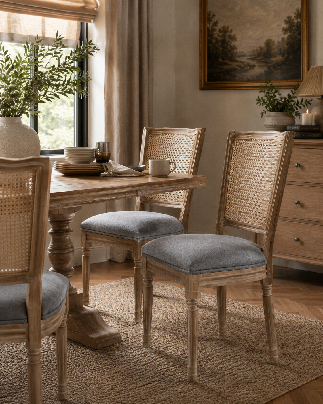 Elowen Upholstered Dining Chairs | Warm Natural Wood | Cream & Light Gray