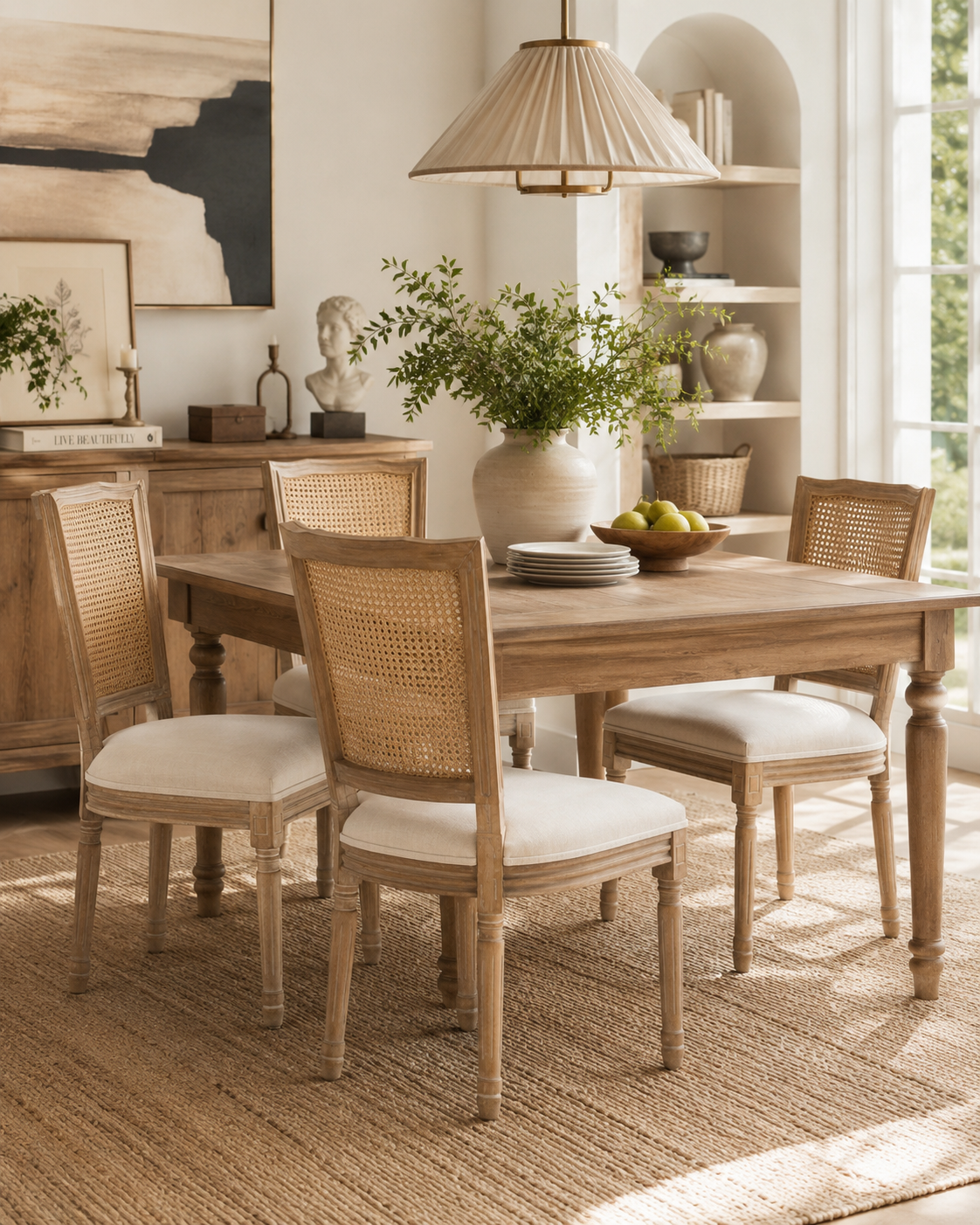 Elowen Upholstered Dining Chairs | Warm Natural Wood | Cream & Light Gray