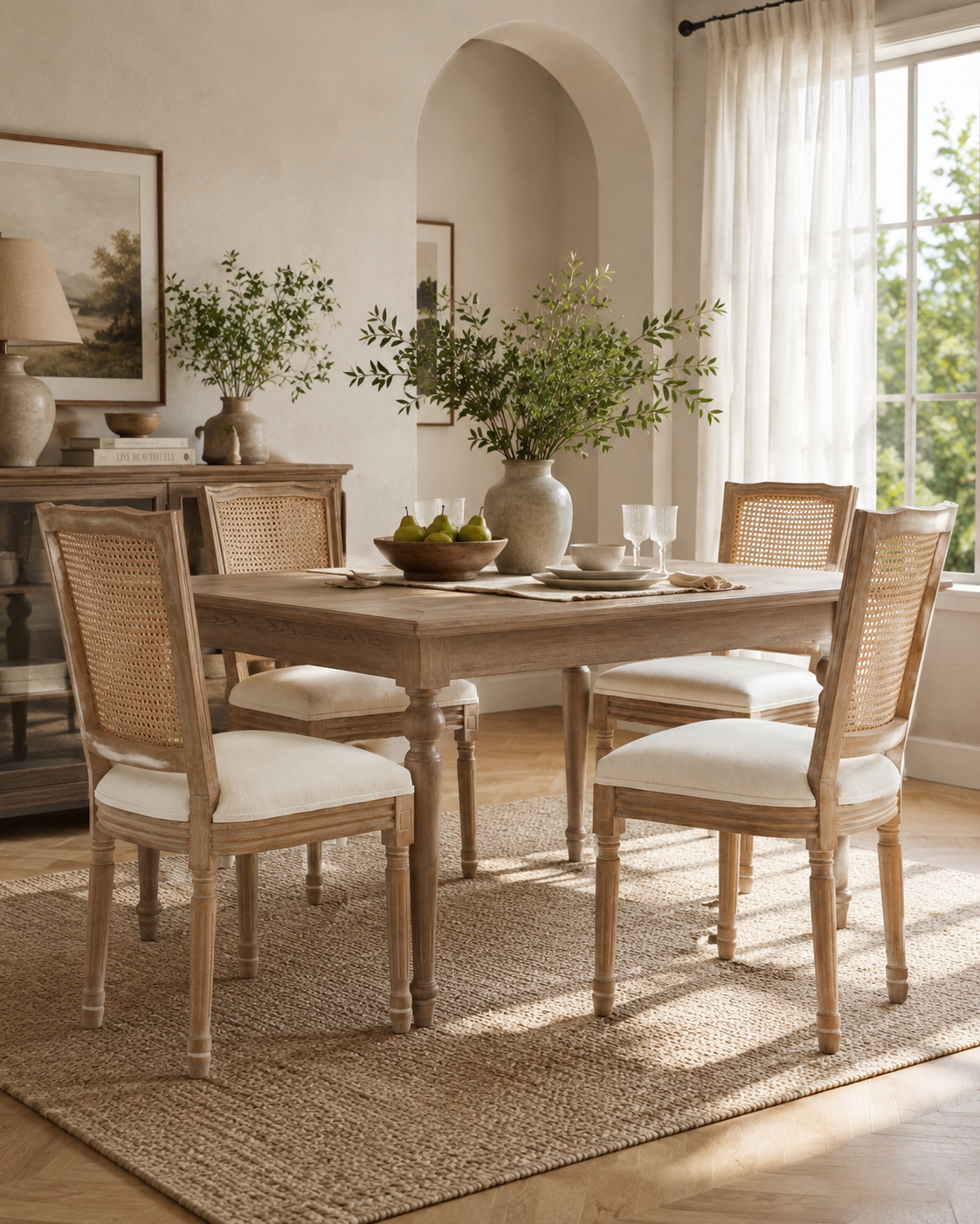 Elowen Upholstered Dining Chairs | Warm Natural Wood | Cream & Light Gray