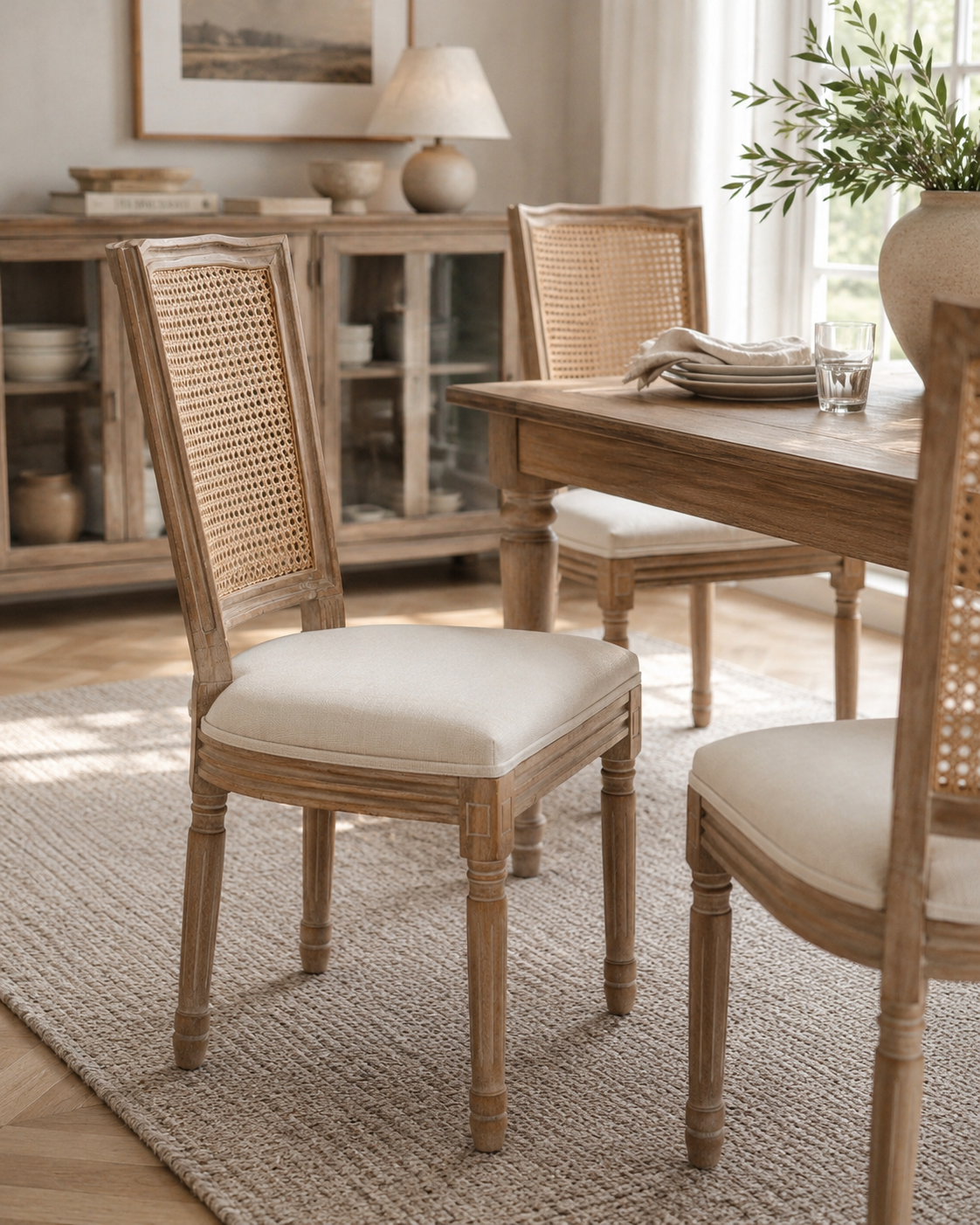 Elowen Upholstered Dining Chairs | Warm Natural Wood | Cream & Light Gray