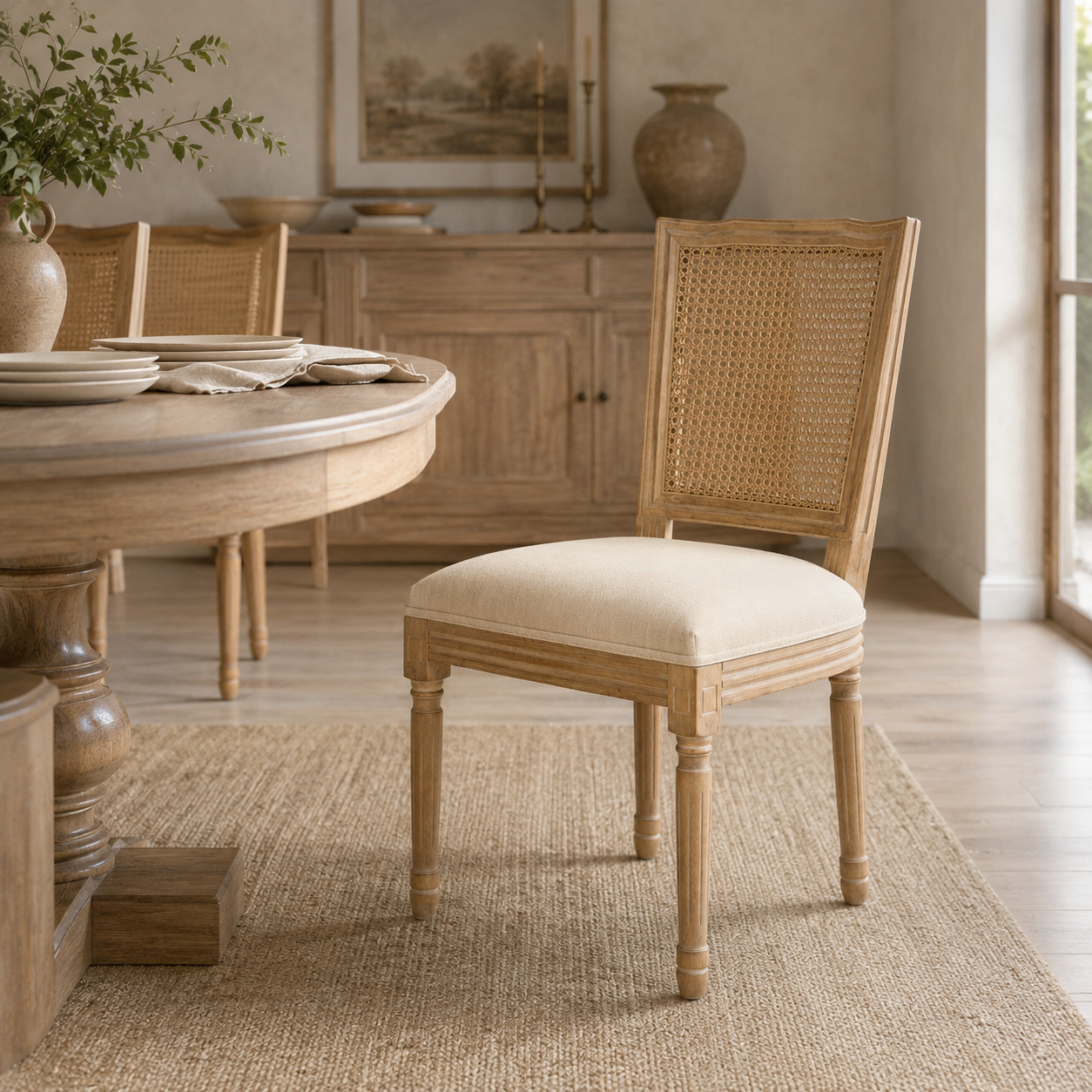 Elowen Upholstered Dining Chairs | Warm Natural Wood | Cream & Light Gray