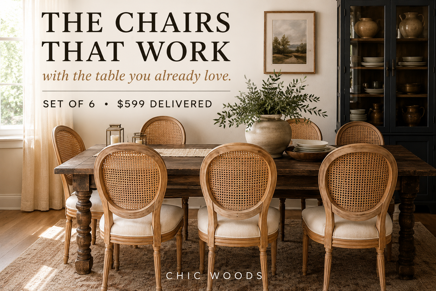 The Coletta Cane Back Dining Chairs – Upholstered Solid Wood Dining Chairs (Sets of 2, 4 or 6)