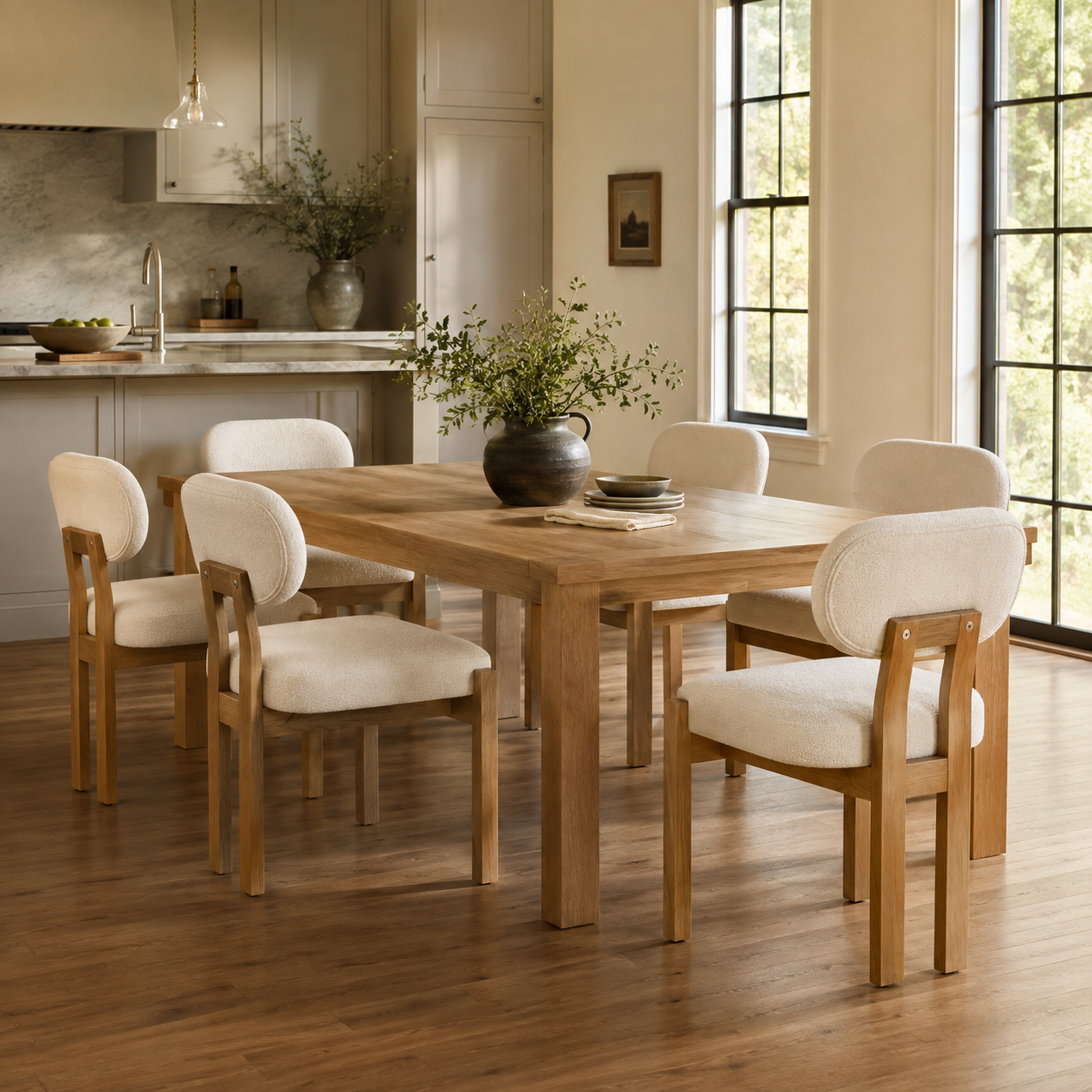 Auden Upholstered Dining Chairs – Natural Wood & Ivory