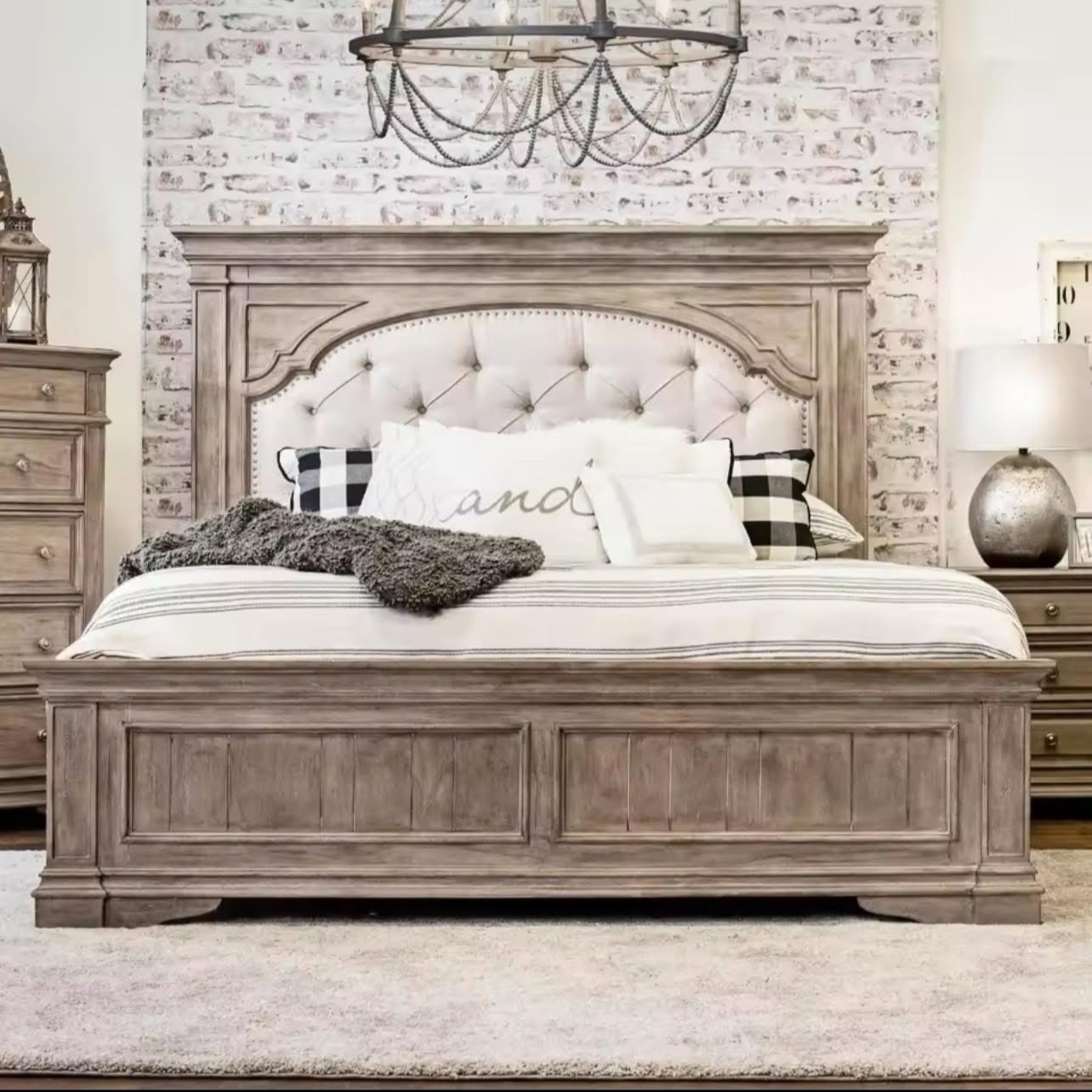 upholstered inlay Farmhouse bedframe