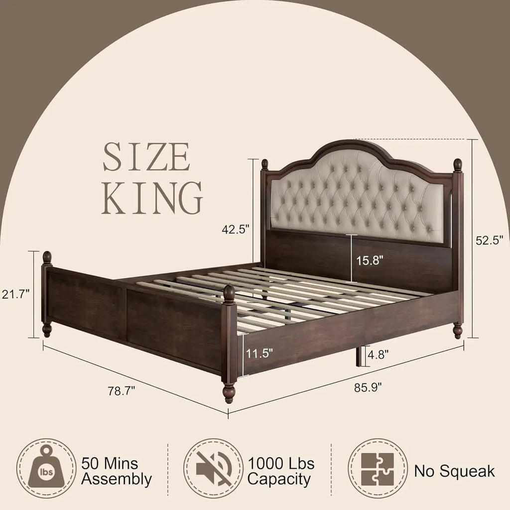 Transitional King Bed Frame – Upholstered Tufted Headboard & Elegant Wood Details”
