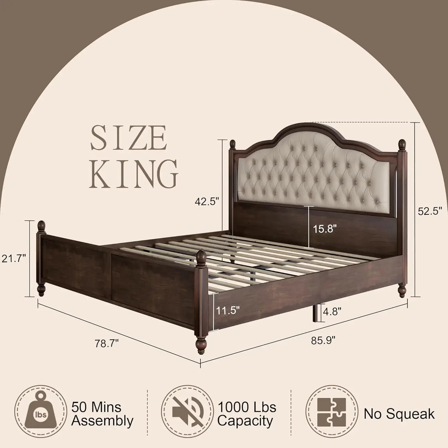 Transitional King Bed Frame – Upholstered Tufted Headboard & Elegant Wood Details”