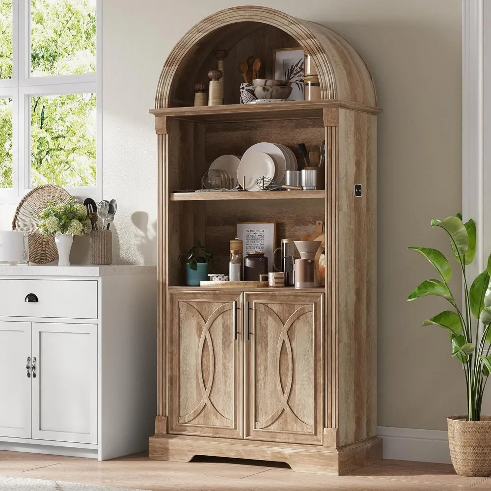 71” Tall Arched Kitchen Pantry Cabinet with Open Shelving