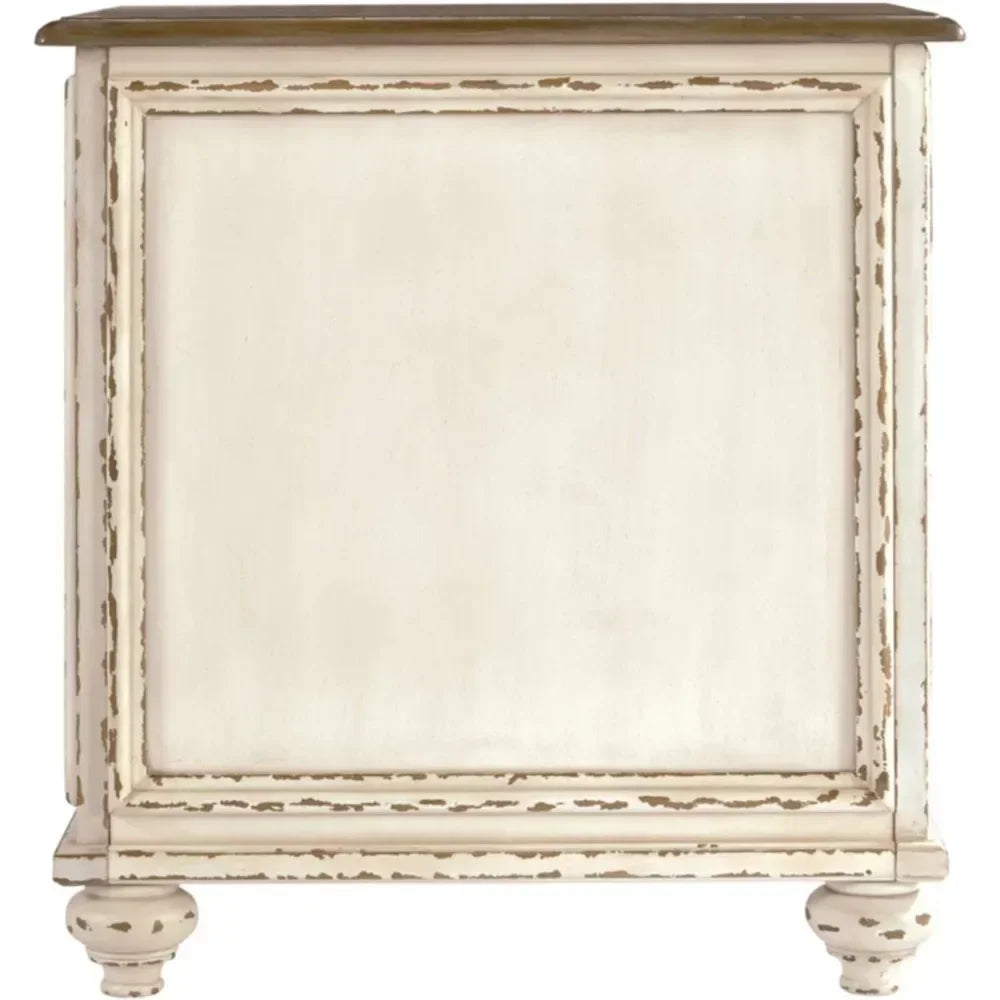 Realyn French Country Chairside End Table with Storage Cabinet – Distressed Chipped White & Wood Top