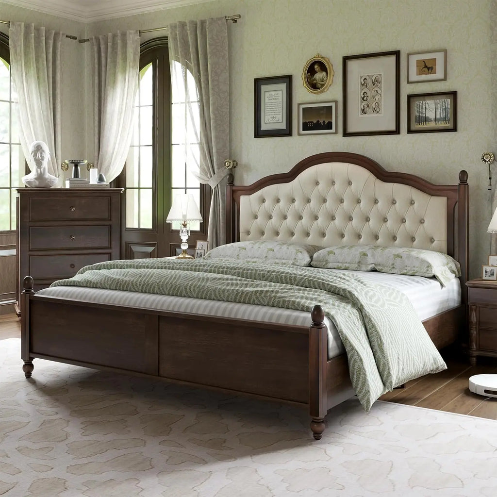 Transitional King Bed Frame – Upholstered Tufted Headboard & Elegant Wood Details”