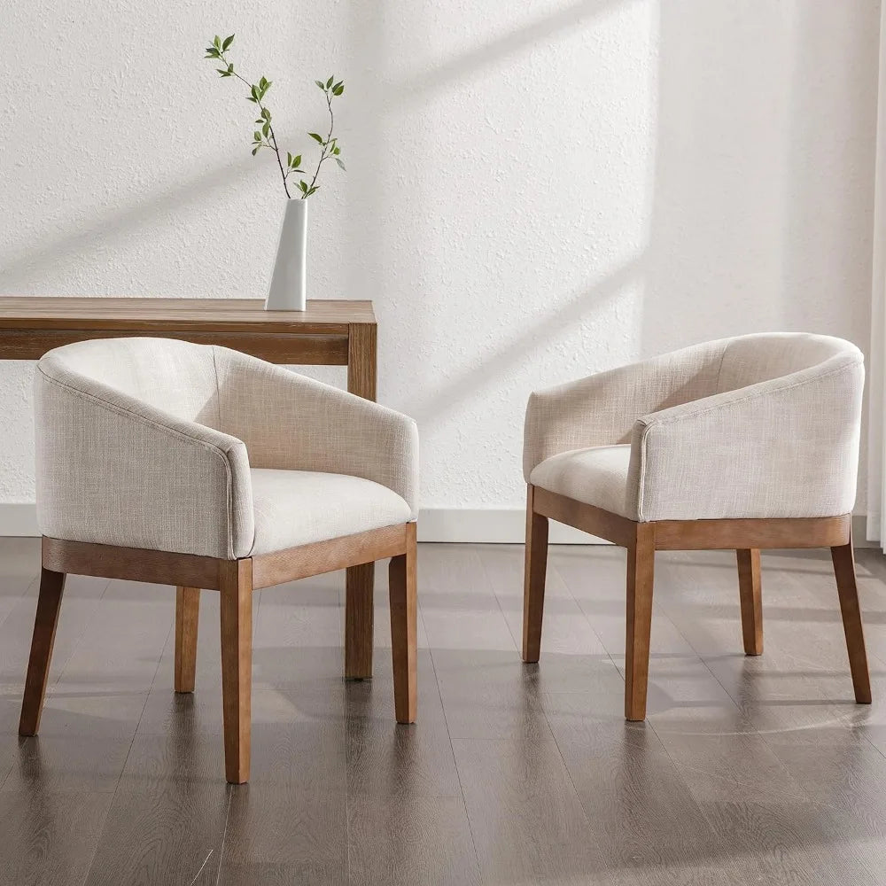 Set of 2 Mid-Century Modern Beige Linen Dining Chairs