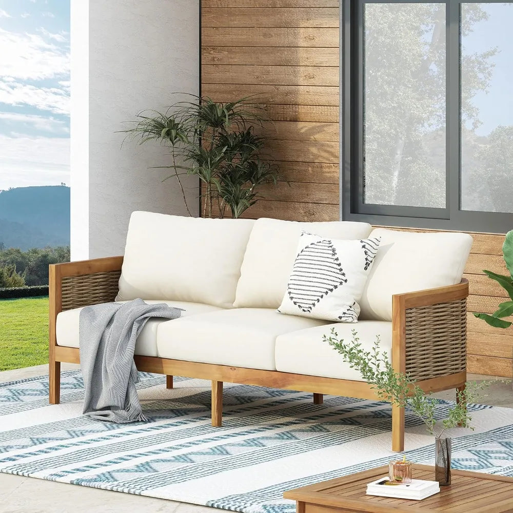 Outdoor Acacia Wood & Wicker Sofa