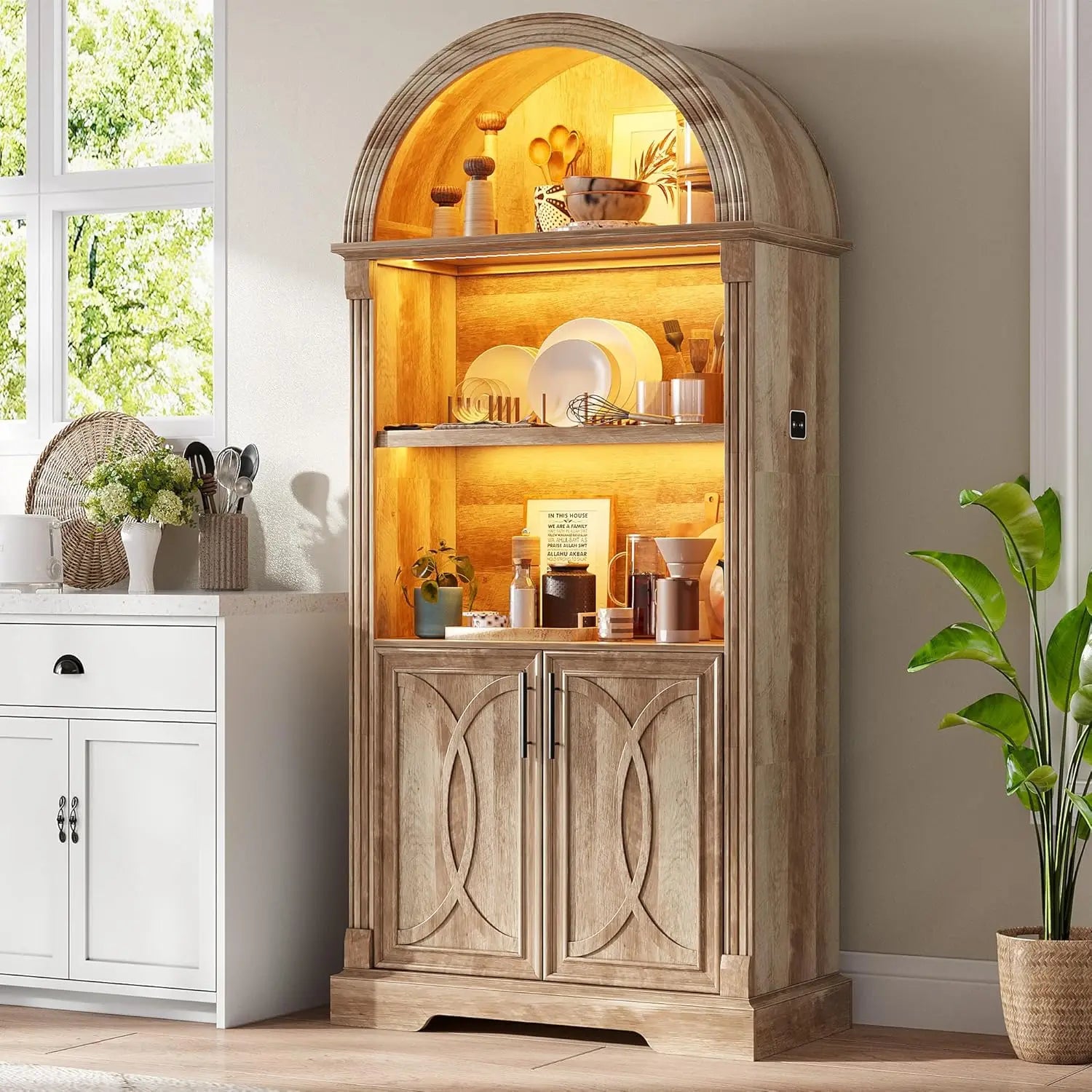 71” Tall Arched Kitchen Pantry Cabinet with Open Shelving
