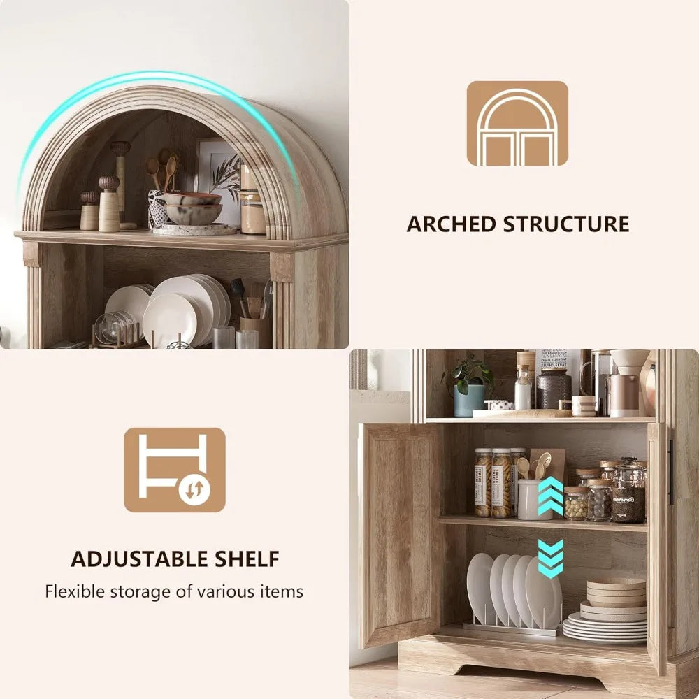 71” Tall Arched Kitchen Pantry Cabinet with Open Shelving