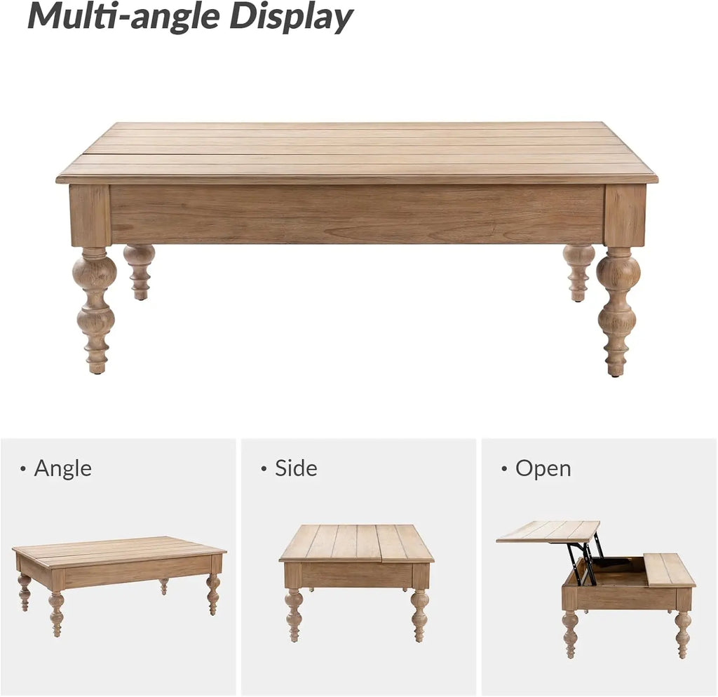 Convertible Lift-Top Coffee Table with Storage – Gourd-Shaped Wood Legs