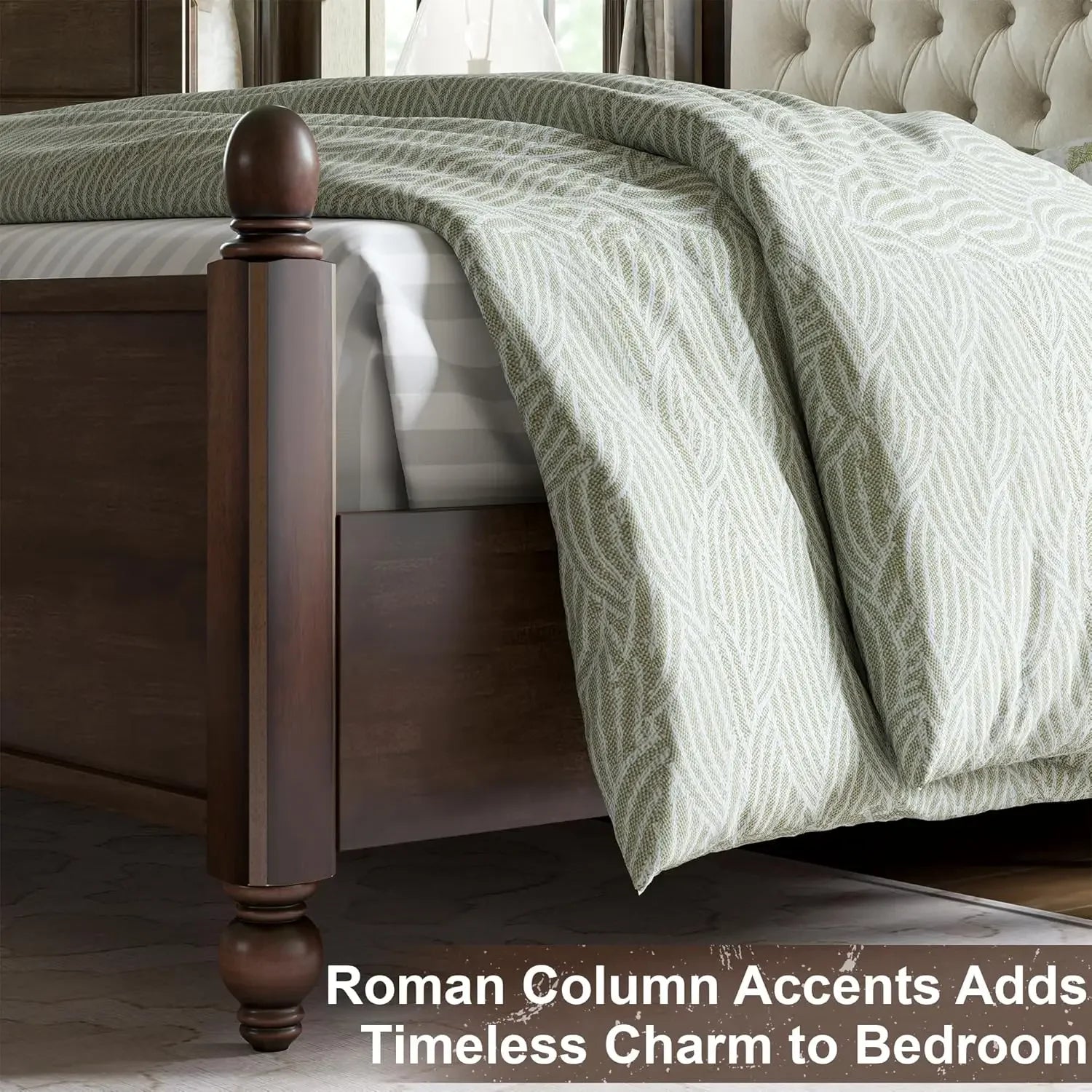 Transitional King Bed Frame – Upholstered Tufted Headboard & Elegant Wood Details”
