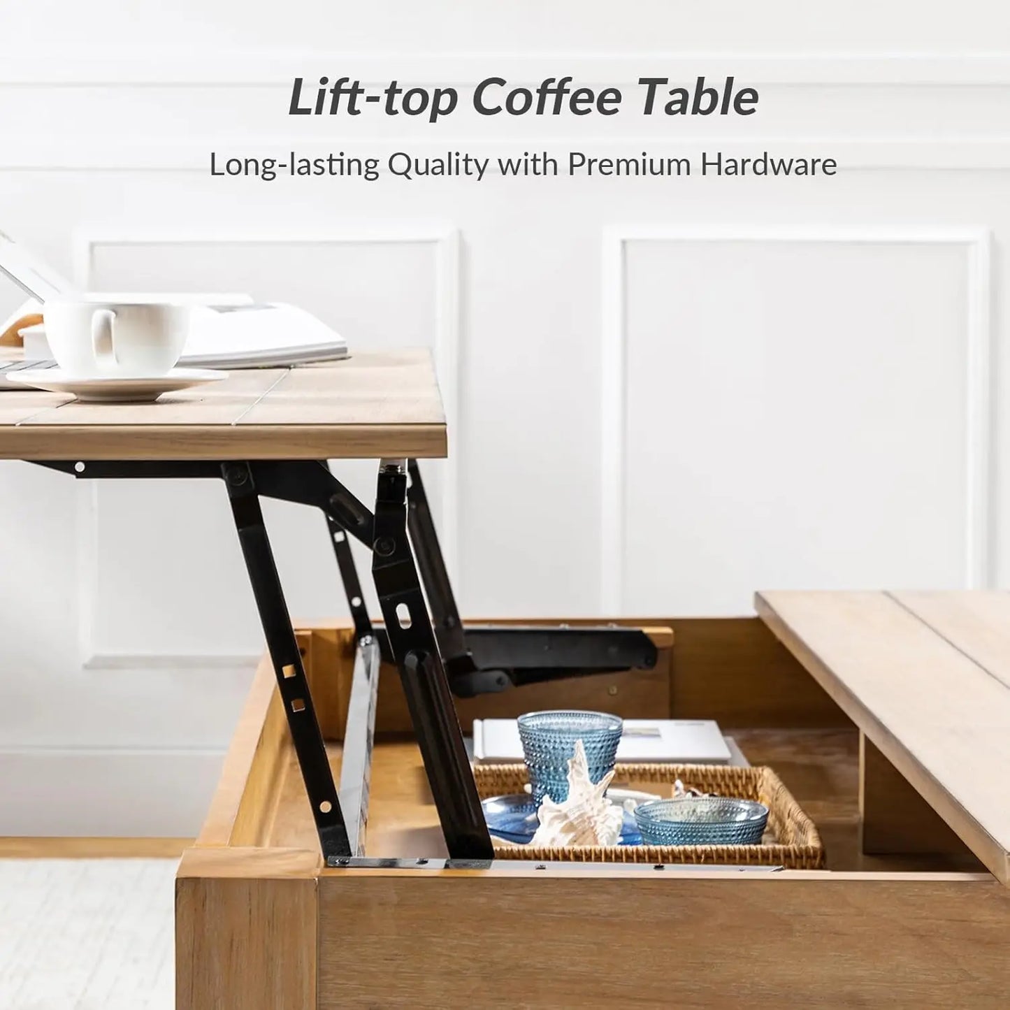 Convertible Lift-Top Coffee Table with Storage – Gourd-Shaped Wood Legs