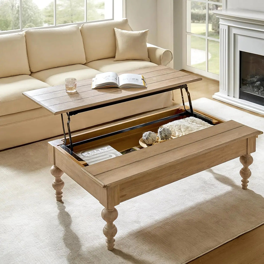 Convertible Lift-Top Coffee Table with Storage – Gourd-Shaped Wood Legs