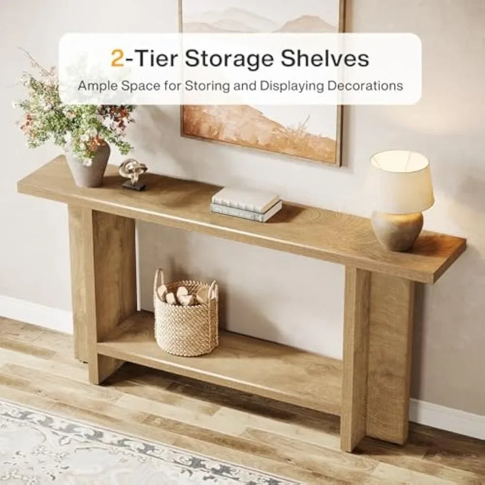 59” Farmhouse Entryway Console Table with 2-Tier Storage